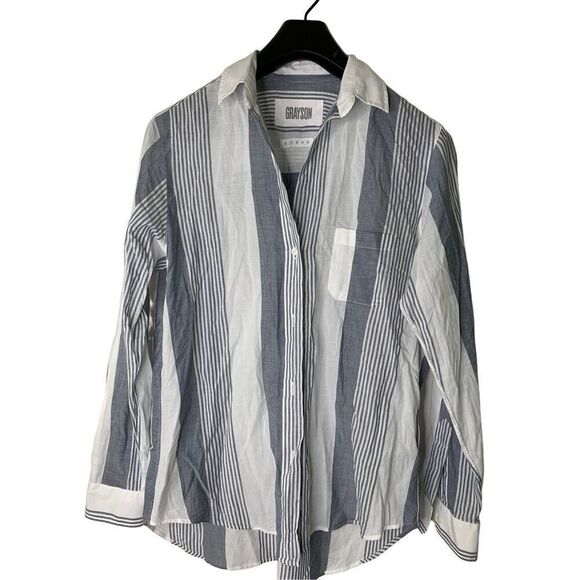 Grayson The Hero button front shirt 100% cotton top blouse gray striped size 2 - Picture 1 of 6